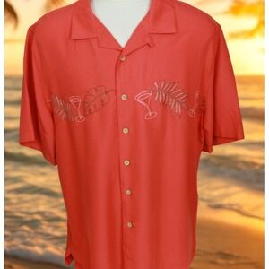 BATIK BAY Men's Hawaiian Camp Shirt Red Embroidered Drink Design Poly Rayon 2XL